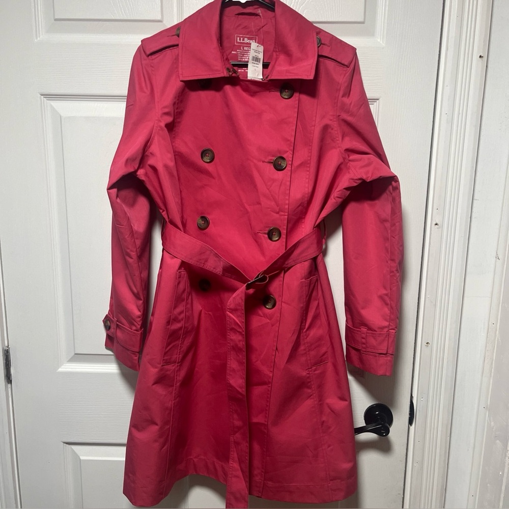 L.L. Bean Button Front Belted Trench Coat Jacket Collared Women L Coral Rose NWT